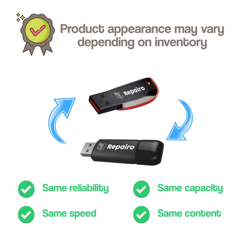Two different Repairo USB drive body styles shown side by side, both labelled with the Repairo logo, with ticks confirming same reliability, same capacity, same speed and same content.