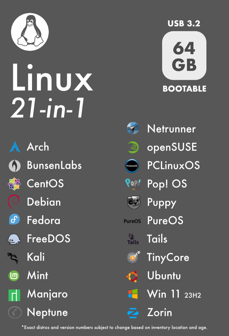 List of the 21 systems on the drive: Arch, BunsenLabs, CentOS, Debian, Fedora, FreeDOS, Kali, Mint, Manjaro, Neptune, Netrunner, openSUSE, PCLinuxOS, Pop! OS, Puppy, PureOS, Tails, TinyCore, Ubuntu, Windows 11 and Zorin.