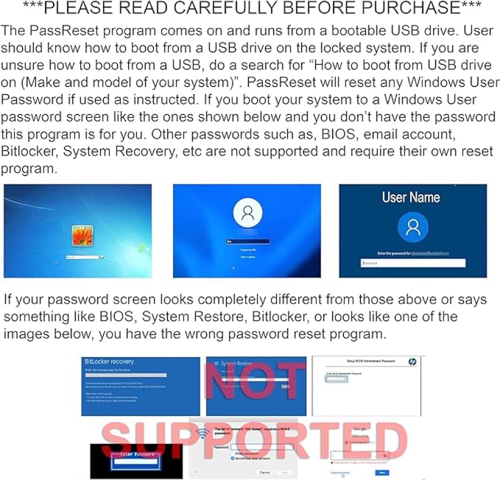 Comparison chart. Top row: three supported Windows user password sign-in screens. Bottom: unsupported screens including BitLocker recovery, System Restore, BIOS administrator password and Wi-Fi network passwords, marked NOT SUPPORTED.