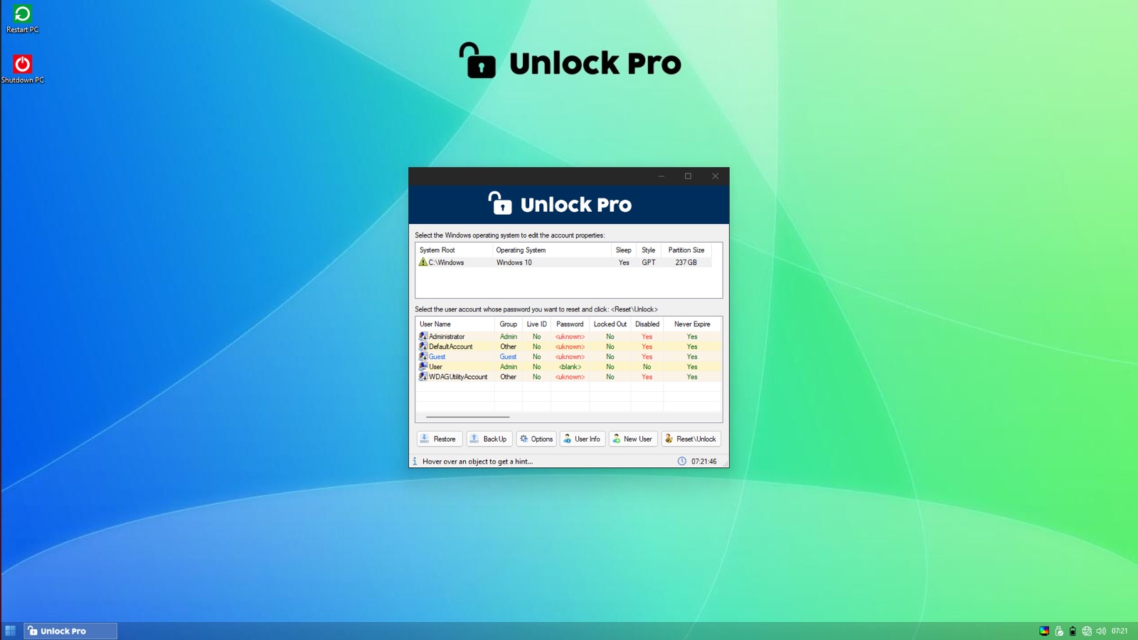 The Unlock Pro screen. A top table lists the detected Windows installation, and a lower table lists user accounts with columns for User Name, Group, Live ID, Password, Locked Out, Disabled and Never Expire. Buttons along the bottom include Restore, Back Up, Options, User Info, New User and Reset/Unlock.