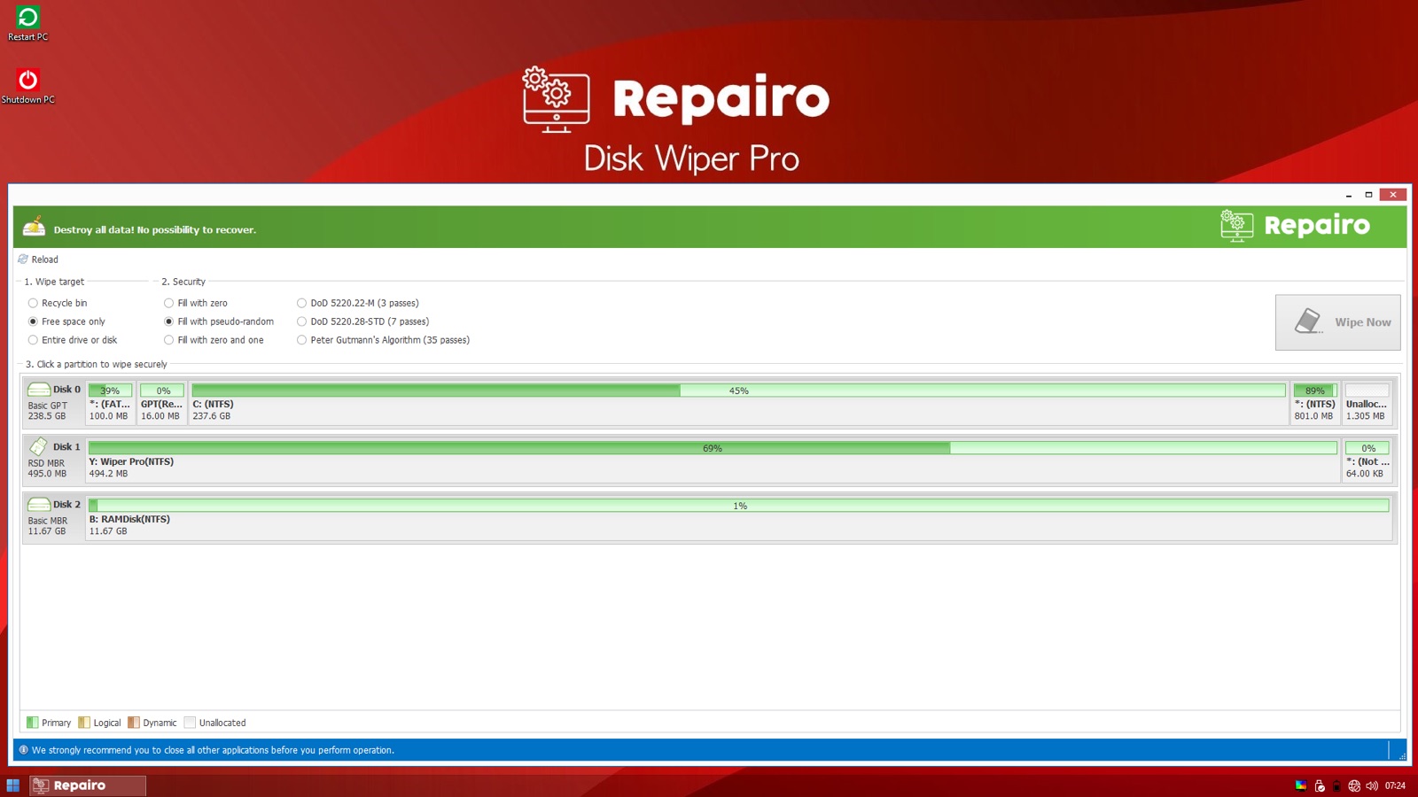 The Disk Wiper Pro screen on a red Repairo desktop. Section 1 offers wipe targets: Recycle bin, Free space only, Entire drive or disk. Section 2 offers security methods from Fill with zero up to Peter Gutmann's 35-pass algorithm. Section 3 lists the detected disks with their partitions and sizes, with a Wipe Now button at the right.